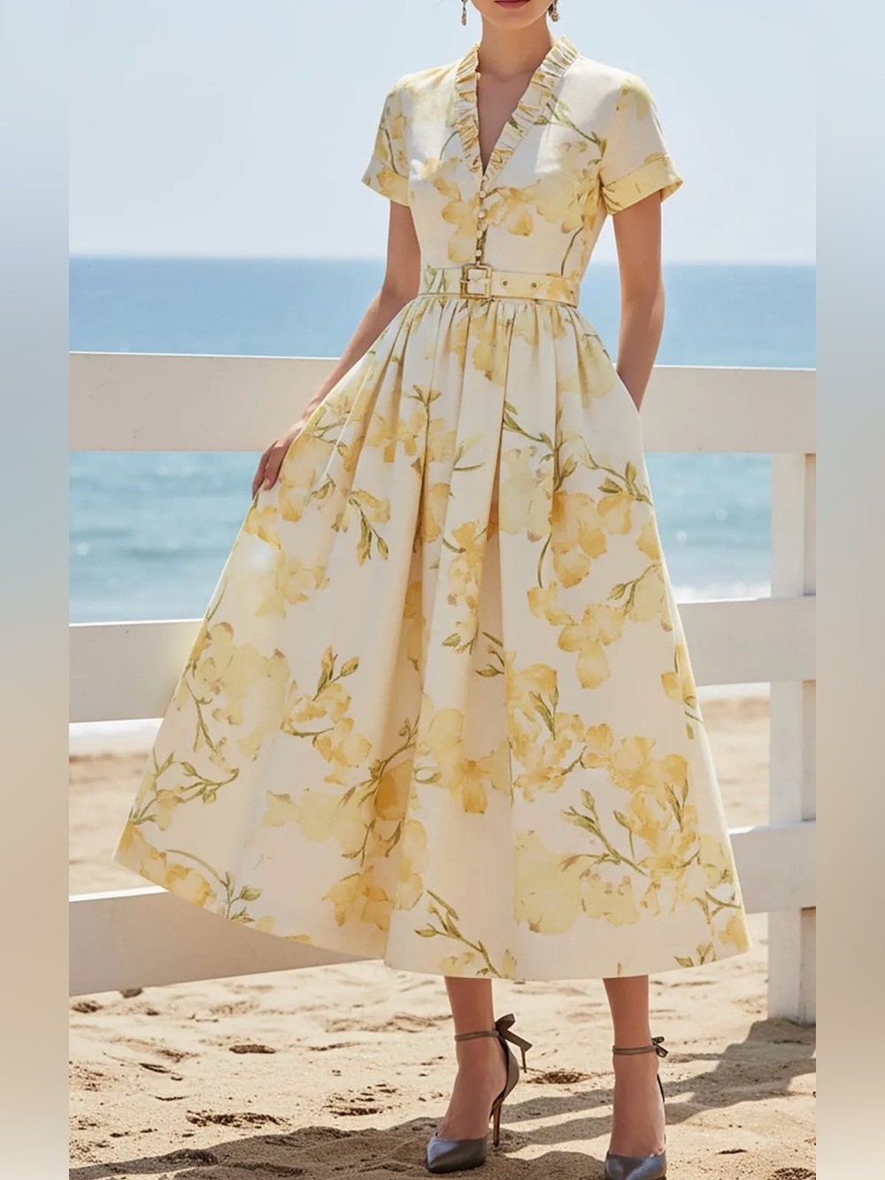 Linen Vibes Belted Yellow Floral Midi Dress with V-Neck Ruffle Size M